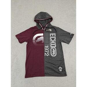 Ecko Unltd Shirt Mens Small Hooded Short Sleeve Burgundy Colorblock Rhino 1972